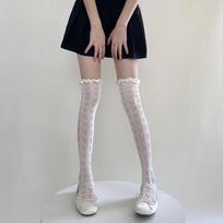 Kave Lolita Fishnet Thigh High Socks Women Kawaii Japanese Style Ruffled Heart Striped Lace Patterned Over Knee Long Stockings One Size