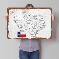 Hand Drawn Map of Texas Printed Poster Customized Wall Art Retro Vintage Metal Tin Signs for Home Decoration Living Room Decor 20X30CM