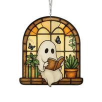 Suncatcher Decoration Halloween Ghost Reading Sun Catcher, Stained Glass Style Window Hanging Catcher Ornament,Cute for Home Garden Decor Double-sided S 1pc