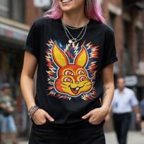 Trippy Bunny T Shirt Psychedelic Rabbit Graphic Black Tee Retro Comic Shirt Colorful Streetwear Top Gift For Festival Art Lovers 4XL
