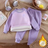Children's Fall/Winter Fleece-Lined, Thickened, Warm Set: Baby's Two-Tone Long-Sleeve Pullover Top + Pants Base Layer Two-Piece Set 120 violetinė