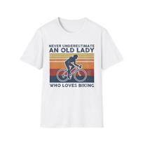 Never Underestimate an Old Lady Who Loves Biking T-Shirt | Cycling Mom Shirt, Cyclist Gift, Bike Lover Tee L