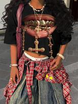 Graphic Lip Grillz Cross Necklace T-shirt L