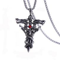 Winding Cross Pendant Necklace Cool Hip Hop Red Stone Vintage Silver Stainless Steel Chain Women Men Punk Jewelry Gifts