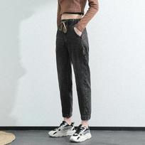 Women Spring and Autumn Large Size Streetwear Cropped Jeans Loose Solid Color High Waist Elastic Casual Jeans S pilka