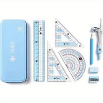 8pcs Geometry & Math Set with Shatterproof Storage Box - Complete School Math Stationery Kit with Ruler, Protractor, Compass, Pencils, Sharpener,