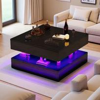 Blizganti Juoda Kvadratinė Centrinis Stalas Modernaus Dizaino, 78x78x43cm, RGB LED su Nuotolinio Pultu ir Programėle, 2 Paspaudimu Atidaromos Dėžės, Praktiška Saugykla