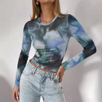 Spring Elegant Ladies Printed Round Neck Mesh Slim Long Sleeve Top Women Versatile Closet Essential Fashion Items Shirt S povo mėlyna spalva