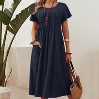 Mid-length Dress, Summer Cotton and Linen Skirt, Pleated Design, A-line Skirt, Large Size Loose M tamsiai mėlyna