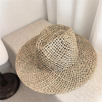 Ins Handwoven Natural Salt Grass Straw Hat Women Summer Sun Protection Wide Brim Breathable Sun Hats Coastal Style Beach Hat 56-58cm