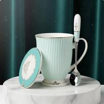 English Tea Cup Elegant Design coffee Mug with lid and Spoon Stripe Goblet Stripe Goblet