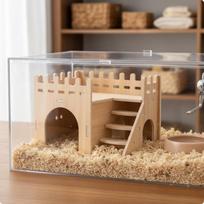 Wooden Hamster House Transparent Acrylic Cage Accessory Wood Pet Villa for Syrian Hamsters,
