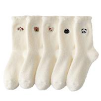 5Pairs Embroidery Plush Floor Socks Dog Tube Socks Women Elastic Mink Fur Socks  Autumn/Winter 5Pairs