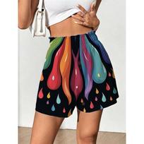 Women'S Summer Casual Loose Fit Shorts with Vibrant Rainbow Abstract Butterfly Print on Black Background S