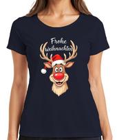 Merry Christmas Reindeer Rudolph Red Nose Santa Hat Funny Ladies TShirt S