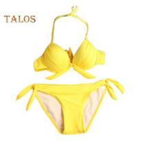 2Pcs/Set Sexy Bikini Set Halter Push-Up Solid Color Bra High Waist Swimming Briefs Set Bowknot Decoration Beachwear S geltona