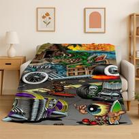 3D Rat Fink Cartoon Racing Car Moto Sign Flannel Blanket Soft Warm Throw Blanket for Bedroom Living Room Bed Travel Picnic Gift 75x90cm