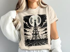Retro Radio Tower T-Shirt, Cosmic Signal Transmission Print, Linocut Style Communication Mast Tee, Starry Night Broadcast Art, Unique Sci-Fi S