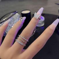 Trendy Personality Double Finger Chain Rings For Women Girls Tassel Butterfly Punk Rings Ladies Fashion Hip Hop Jewelry Gifts A1