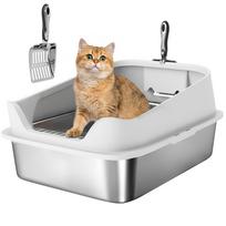 XL Stainless Steel Cat Litter Box with High Sides, Metal Scoop, 60 x 40 x 30 cm 60.2 x 40.2 x 29.7 cm pilka