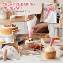 Reusable Silicone Piping Bag and Plastic Icing Tips Set for, One Size rožinė