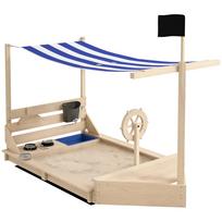 Sandbox with Sun Canopy Pirate Ship, incl. Children's Kitchen Play Set, Solid Wood, 180 x 103 x 144.5 cm, Natural + Blue 180 x 103 x 144.5 cm