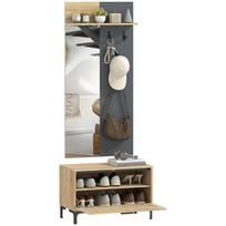 Entryway Coat Rack Set, Shoe Bench, Mirror, 3 Hooks, Open Shelf, Hallway Furniture, Natural Wood+Grey 60 x 13.5 x 127.5 cm