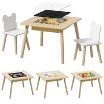 Vaikų stalas su 2 kėdėmis, Vaikų sėdimasis komplektas su saugykla, Meškiuko formos atlošas, Vaikams nuo 3 iki 6 metų, Natūralus mediena 60 x 60 x 44 cm natūrali