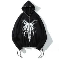 Negabaritiniai, grafiniai gobtuvai su užtrauktuku, Moteriški Grunge Streetwear Juodi megztiniai su gobtuvu su gobtuvu, hiphopo pora. M juoda
