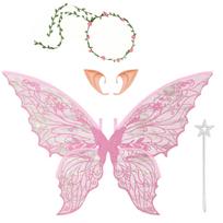 Fairy Wings for Adults & Girls, Fairy Costume Kit with Flower Garland, Sparkle Hair Tinsel, Magic Wand and Elf Ears rožinė