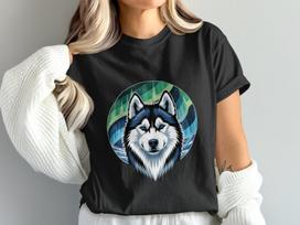 Husky Dog T-Shirt, Northern Lights Design, Cool Animal Graphic Tee, Unique Dog Lover Gift, Trendy Graphic T Shirt L