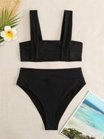 Swimsuit Women Swimwear Bikini 2024 New Solid Black High Waist Bikinis Set Two Pieces Female Bathing Suit Beach Wear Biquini S juoda