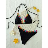 Sexy 3D Flower Push Up Bikini Set Swimwear Women Black Lace Up Bandage Bathing Suit Holiday High Waist Swimsuit Biquini S juoda
