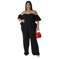 Womens Plus Size Black Off Shoulder Ruffle Peplum Wide Leg Jumpsuit L juoda