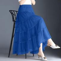 Women Casual Mesh Fairy Pleated Long Skirt Elegant A Line High Waist Skirt for Daily Party Wear L mėlyna