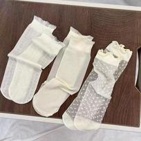 Women Ultra-Thin Female Middle Tube Ruffle Mesh Socks Dot Love Print Summer Glass Silk Cute Kawaii Lolita Thin Stocking One Size