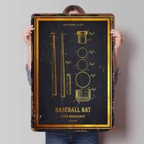 Baseball Bat Patent 1926 - Gold Printed Posters Customizable Wall Art Retro Vintage Metal Tin Signs for Home Room Custom Sign 20X30CM