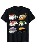 Unisex Kawaii Sushi Cat Graphic T-Shirt - 100% Cotton, Black with Playful Neko D L
