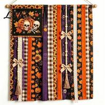 Home Garden Wall Ornaments Halloween Rag Banner, Orange Black Skull Ghost Pumpkin Hanging Decoration, Rustic Party Decorations Fabric Stripe Skull