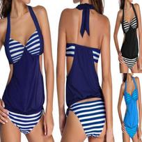 Swimsuit striped tube top three-color split bikini swimsuit bikini milk silk fashionable and sexy S tamsiai mėlyna spalva