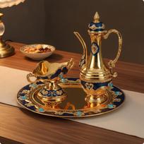 Vintage Teapot Set with Tray Toned Drink Serving Raised Detailing Round Metal Style 3