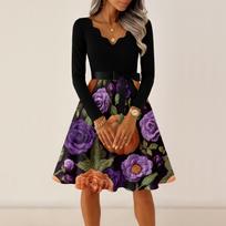 Women's Vintage V-Neck Long Sleeve Halloween Blood Drop Print Dress M violetinė
