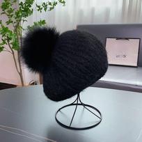 Women's Hat Wool Knitting Beret Women's Autumn Winterheattech Big Fox Fur Ball Beibei Woolen Hat Painter Hat Men One size fits all (head circumference 53-58cm)