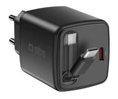 Sbs 45w usb-c gan wall charger with retractable cable black