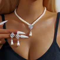 3PC Women's Fashion Trendy Pearl Water Drop Necklace Earrings Jewelry Set Wedding Banquet Party Holiday Gift