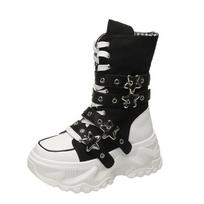 Fashion Rock Shoes Woman Luxury Designer Flat Heel Boots-Women Round Toe Fashion 2025 Ladies Autumn Med Ankle Slip-On Cotton Fabric 35 juoda