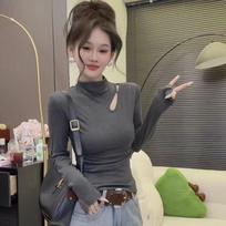 Women's Elegant Slim Fit High Neck Cut-Out Fleece Base Layer - Long Sleeve Autumn/Winter Top L