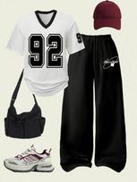 Y2K Football Jersey T-Shirt & Straight Sports Pants Set 5XL balta/juoda