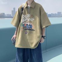 Men Cartoon Van Graphic Print Suede Polo Shirt Oversized Casual Loose Streetwear Summer Top M žalia