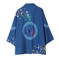 Japanese kimono female couple cardigan sunscreen thin jacket and wind ukiyo-e painted Taoist robe men's trendy Hanfu Chinese cape M mėlyna